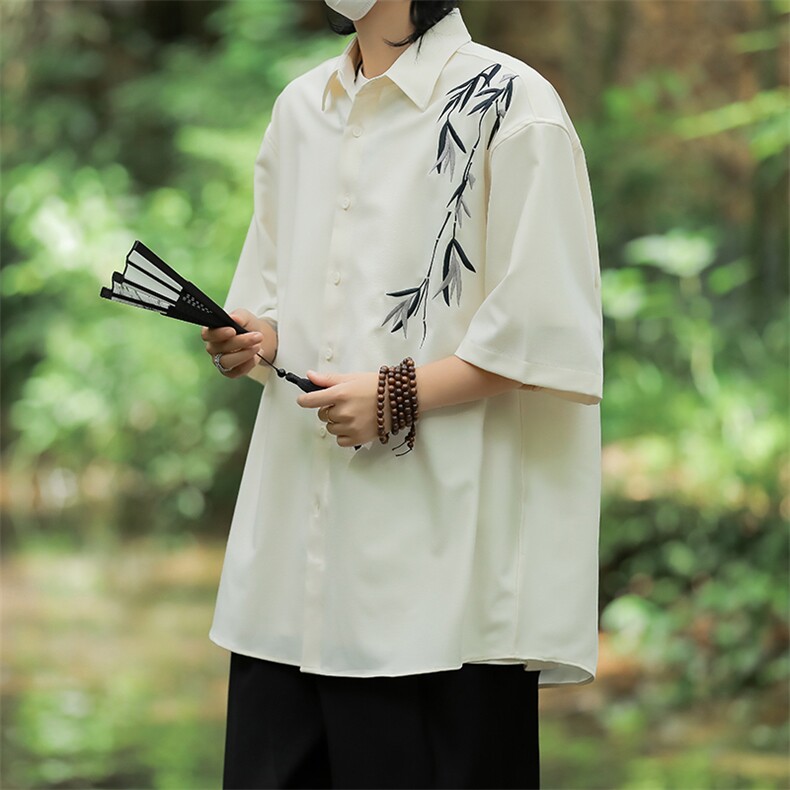 新中式风竹子刺绣长袖衬衫汉服盘扣唐装衬衣外套C046-P40,男装衬衫,星座308B-2