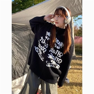 黑色马海毛字母毛衣女早秋季2025年新款宽松套头针织衫女SWA223图片