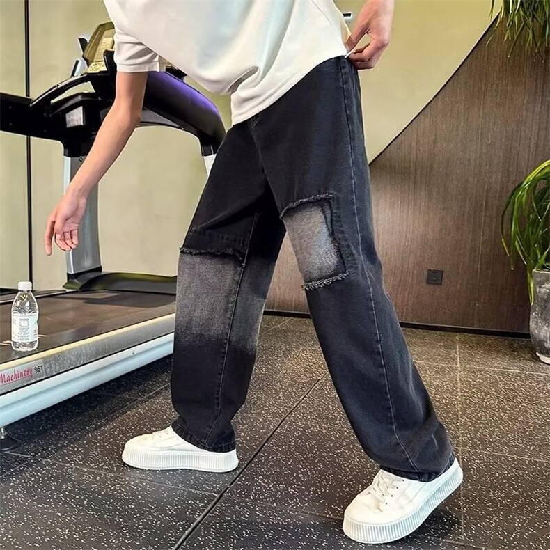 秋冬季美式重磅复古做旧破洞贴布黑色牛仔裤男直筒宽松锥形裤子图片