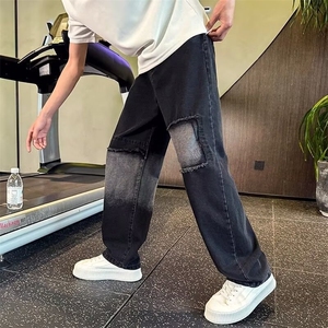 秋冬季美式重磅复古做旧破洞贴布黑色牛仔裤男直筒宽松锥形裤子图片