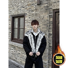 现货高品质美式高街重磅狼王座山雕毛毛领假两件棉衣加厚棉服外套，男装棉衣，电商A486-1