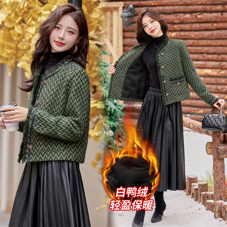 流苏边小香风羊毛呢羽绒外套女2024秋冬季小个子气质短款毛呢上衣，女装羽绒服，雅静靓衣