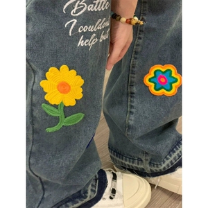 【有货】S809LL-特P52 重工艺花瓣刺绣水洗牛仔裤男女设计感裤子图片