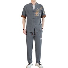 2025新款风男装夏季短袖开衫唐装男汉服套装一套-7716-P60，男装休闲套装，星座1105