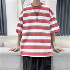 夏季港风条纹休闲宽松短袖T恤衫男装大码潮流上衣D201-DM511-P30，男装T恤，电商D321-1