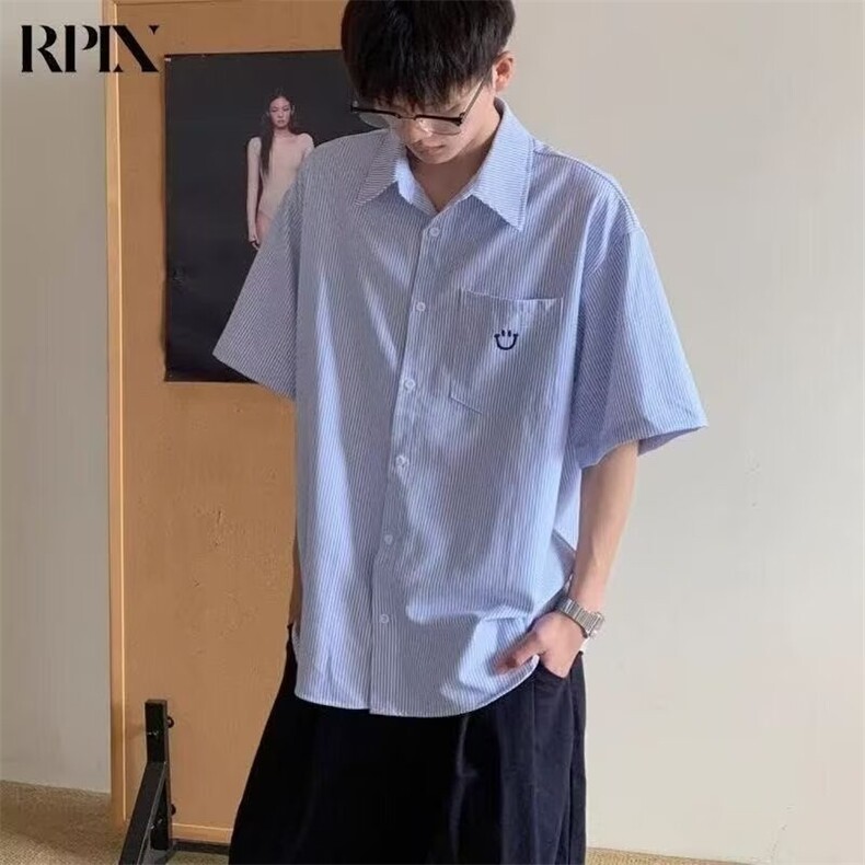 时尚美式宽松条纹短袖衬衫2025夏季情侣装休闲半袖衬衣上衣外套,男装T恤,星座506A