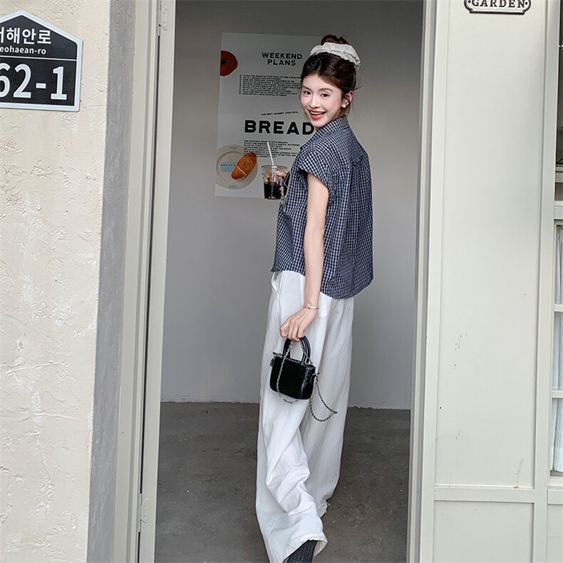 俏皮格子衬衫阔腿裤套装女夏2025新款两件套爆款高级感超火流行,女装衬衫,浙宝220