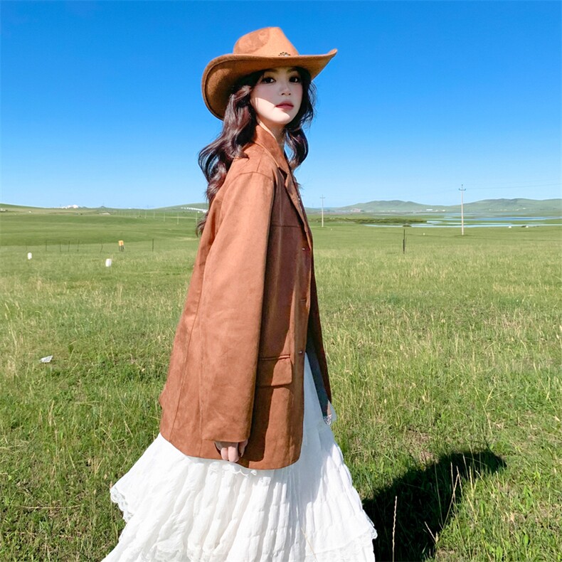 美拉德麂皮绒西装外套女2025秋季新款韩系高级感气质复古短款上衣,女装西装,2C087