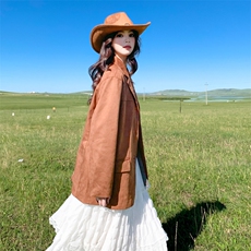 美拉德麂皮绒西装外套女2025秋季新款韩系高级感气质复古短款上衣，女装西装，2C087