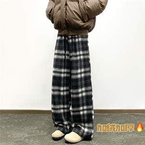 秋冬款复古随意调调慵懒格子裤子裤宽松休闲阔腿裤男女 D517/P45图片