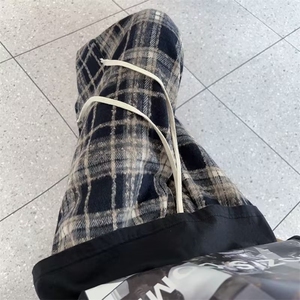 小香风复古毛呢格子裤男美式oversize潮牌直筒裤宽松阔腿情侣长裤图片
