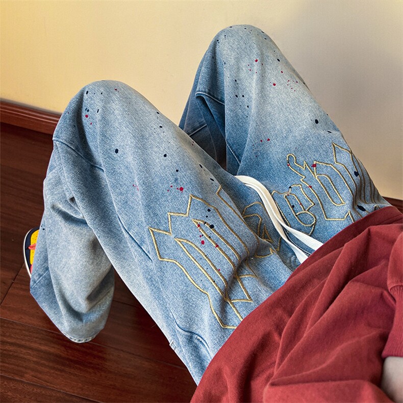 个性泼墨刺绣牛仔裤高街百搭直筒设计感潮XZ1002-K119-P60控78，男装牛仔裤，星座908