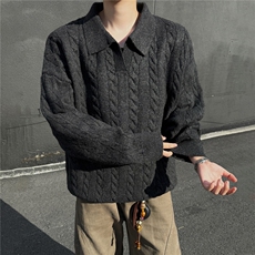 麻花衬衫领毛衣男秋冬季老钱风宽松潮流慵懒风休闲宽松针织衫线衣，男装针织衫/毛衣，电商A025