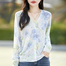 小个子印花V领轻薄针织防晒开衫女2025夏季短外套披肩空调衫上衣，女装针织衫/毛衣，大美人高端店