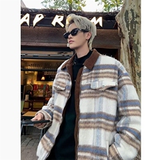 小香风毛呢格子外套男秋季夹克衫潮长袖拉链外穿宽松型W6313-P73，男装夹克，星座412-3