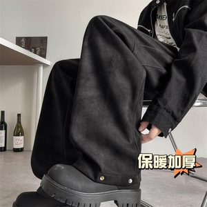 加厚保暖潮牌直筒拖地阔腿裤扎染脏脏布纽扣收脚毛呢裤男7991-P65图片