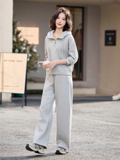 蓝色套装连帽卫衣女春装新款时尚潮流两件套直筒修身宽松休闲裤子，女装卫衣/绒衫，梦懿尔