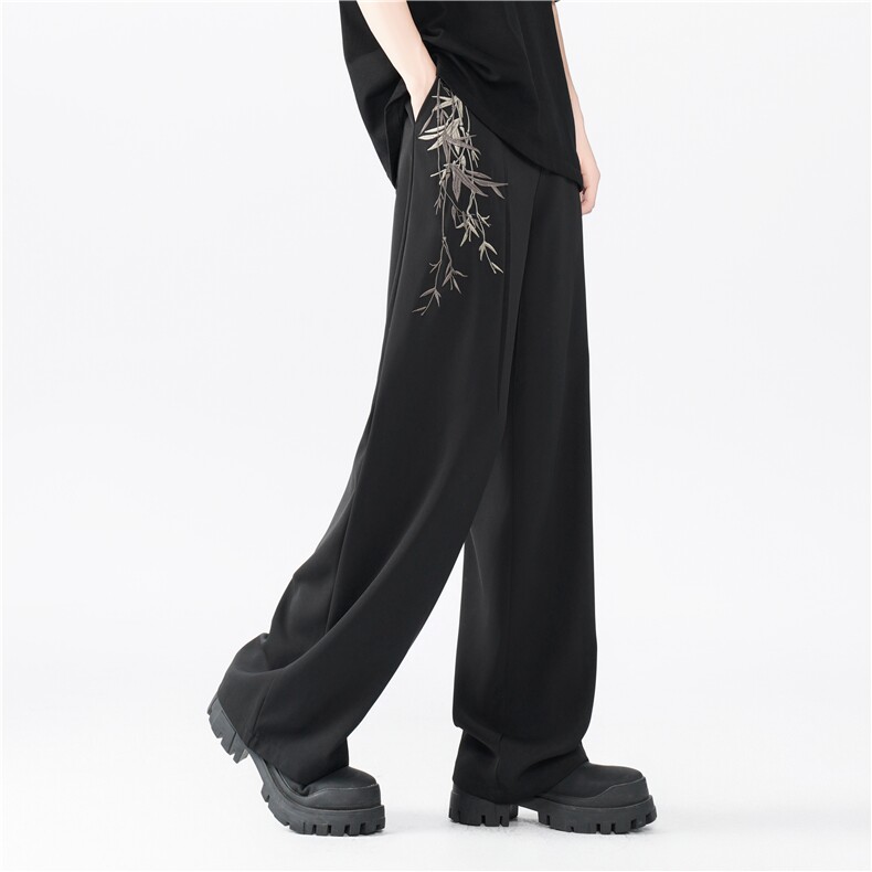 抖音品质新中式风竹叶刺绣宽松休闲西裤B315-K24067-特p40控78,男装西裤,电商B315