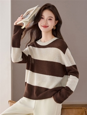 100%细羊毛慵懒针织衫春秋打底长袖女条纹大码宽松亲肤蝙蝠袖毛衣，女装羊毛衫，艾米