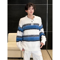 韩版水貂绒毛衣男冬季高级慵懒风设计款马海毛扎染撞色针织polo衫，男装针织衫/毛衣，星座813-2
