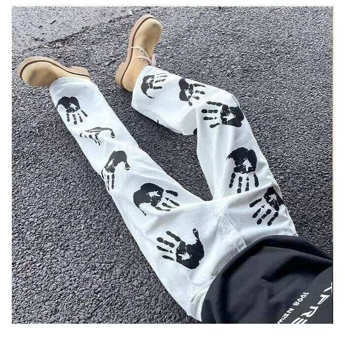 2026水墨手掌印花白色牛仔裤高街hiphop潮炸街长裤K71126-P45网图,男装牛仔裤,电商B245