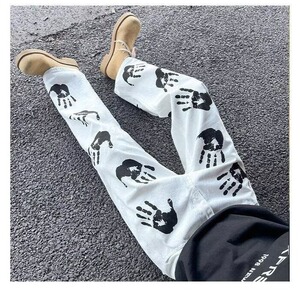 2026水墨手掌印花白色牛仔裤高街hiphop潮炸街长裤K71126-P45网图图片