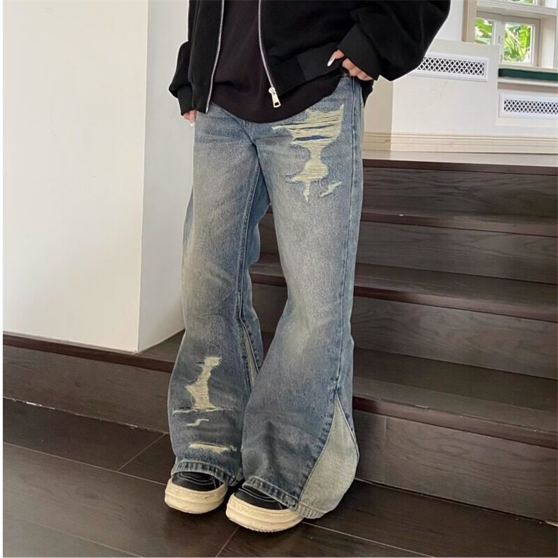 美式高街复古双腰头牛仔裤男女宽松直筒做旧水洗割破设计感阔腿裤,女装牛仔裤,星座506A