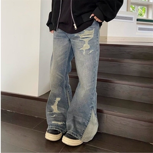 美式高街复古双腰头牛仔裤男女宽松直筒做旧水洗割破设计感阔腿裤图片