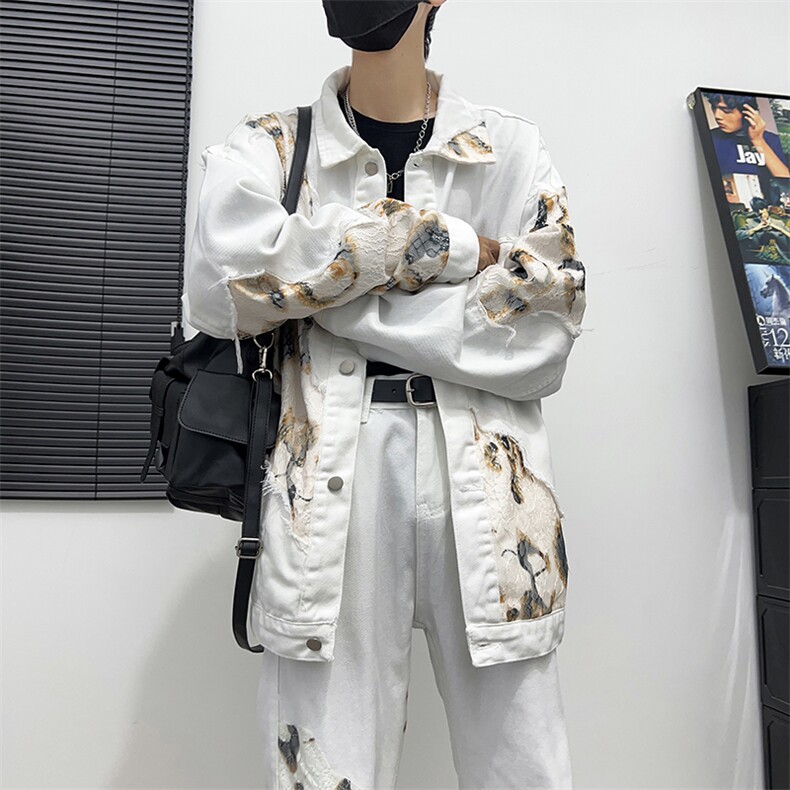 美式潮牌拼接牛仔套装春秋季新款小众设计宽松时尚两件套，男装休闲套装，星座410-6（原星座1304-1）