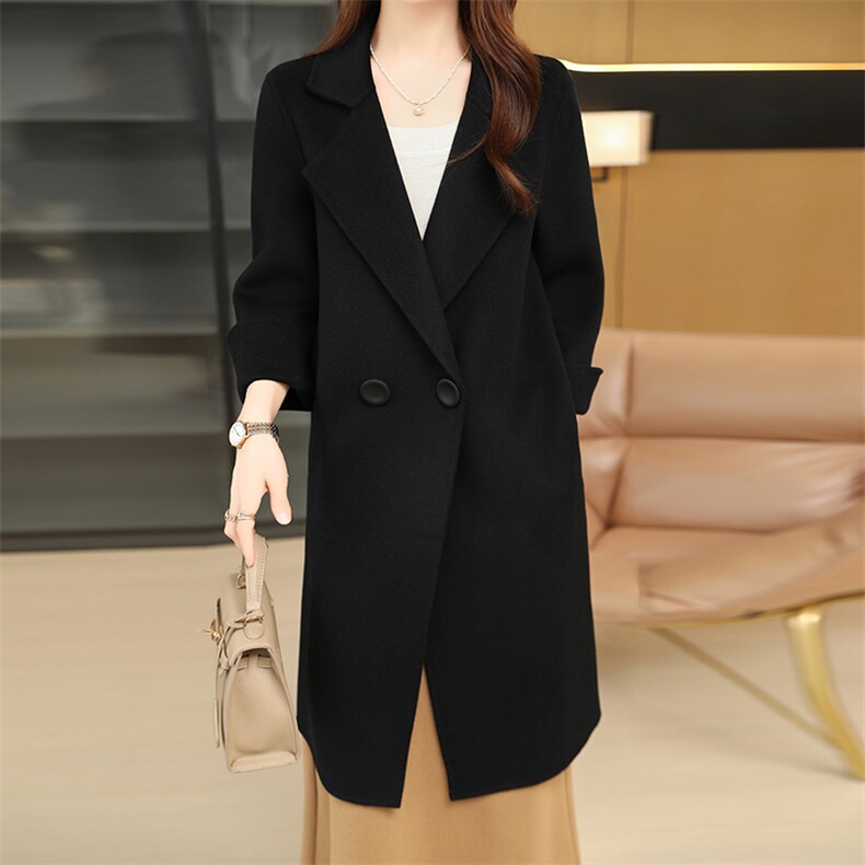 羊毛大衣女中长款秋冬2024新款翻领简约时尚，女装双面呢大衣，鹿展羊绒大衣