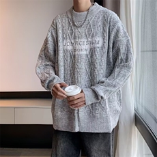 日系复古字母慵懒风毛衣男秋冬季宽松保暖套头针织上衣MZ620-P70，男装针织衫/毛衣，星座412-3
