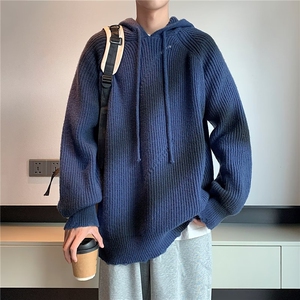 秋冬新款港风复古潮流渐变色毛衣男女潮牌宽松连帽套头针织衫图片
