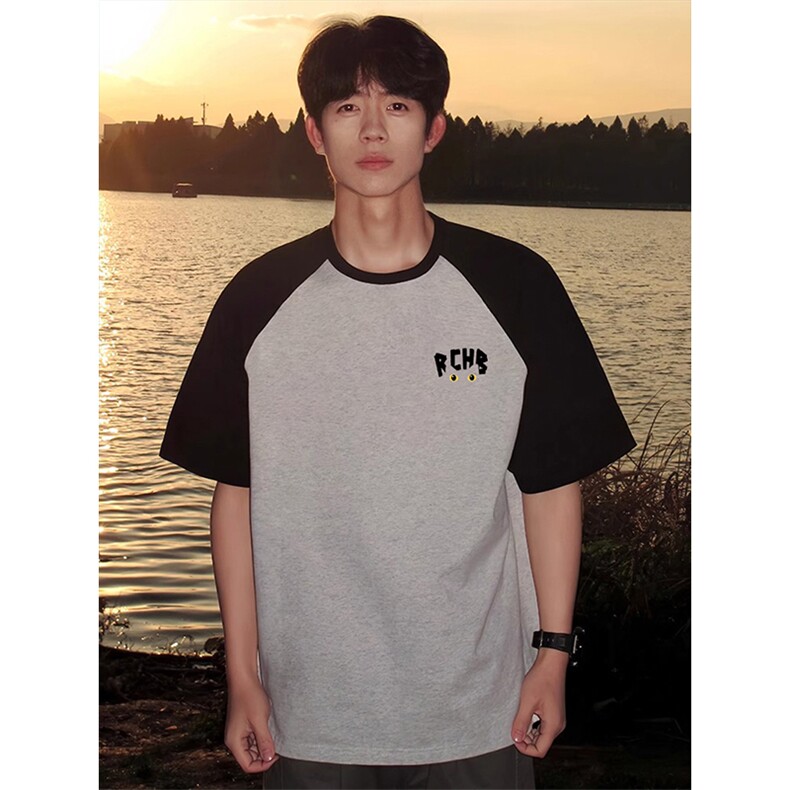 抖音得物高品质二开240克宽松纯棉美式潮牌插肩袖拼接短袖T恤，男装T恤，电商A486