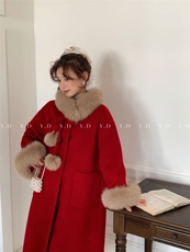 【依嘟】2025冬廓形可脱卸狐狸毛领高级感过膝显瘦羊毛外套(，女装双面呢大衣，依嘟服饰