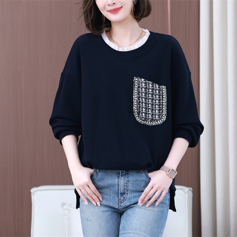 2023春装新款纯色卫衣女韩版宽松中长款圆领气质休闲简约上衣,女装T恤,丽影随形