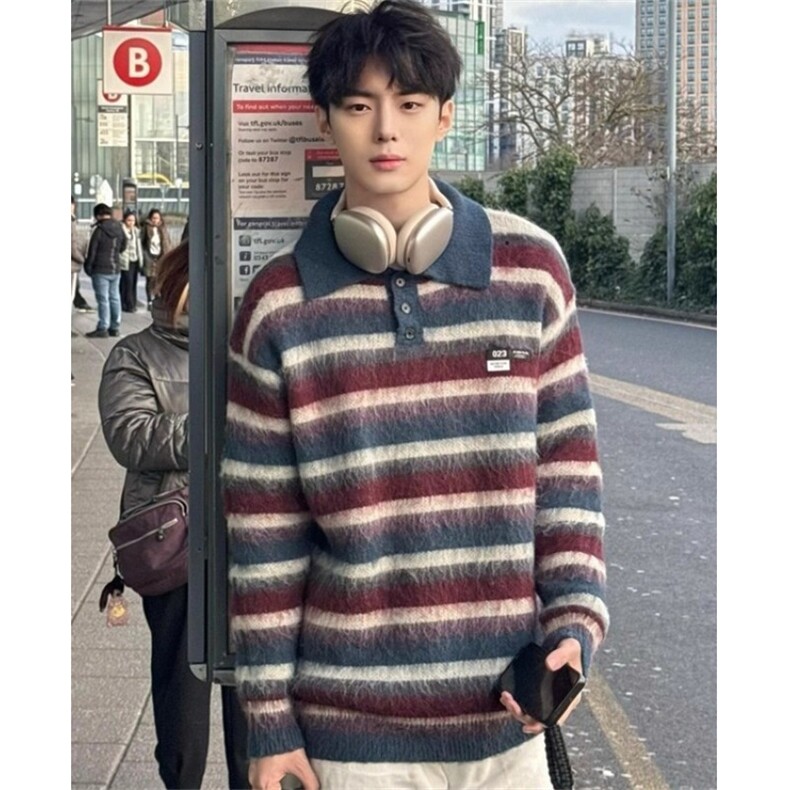 慵懒覆古宽松polo领条纹毛衣男女秋冬老钱风新款翻领上衣MY9823，男装针织衫/毛衣，星座1116A（原606A-3）