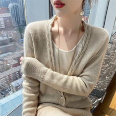 2025年秋季常规款通勤长袖V领麻花边珍珠扣开衫时尚百搭，女装针织衫/毛衣，兰皓羊绒
