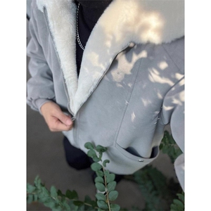 现货重磅硬挺boxy羽绒棉衣座山雕羊羔毛领洗水麂皮棉服冬外套图片