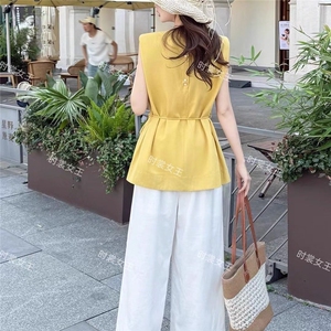 夏季新款韩系圆领系带无袖衬衫+阔腿裤两件套女显瘦时尚套装图片