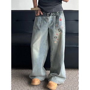 美式复古徽章3D印花水洗牛仔裤男女宽松阔腿百搭长裤LB30511-P75图片