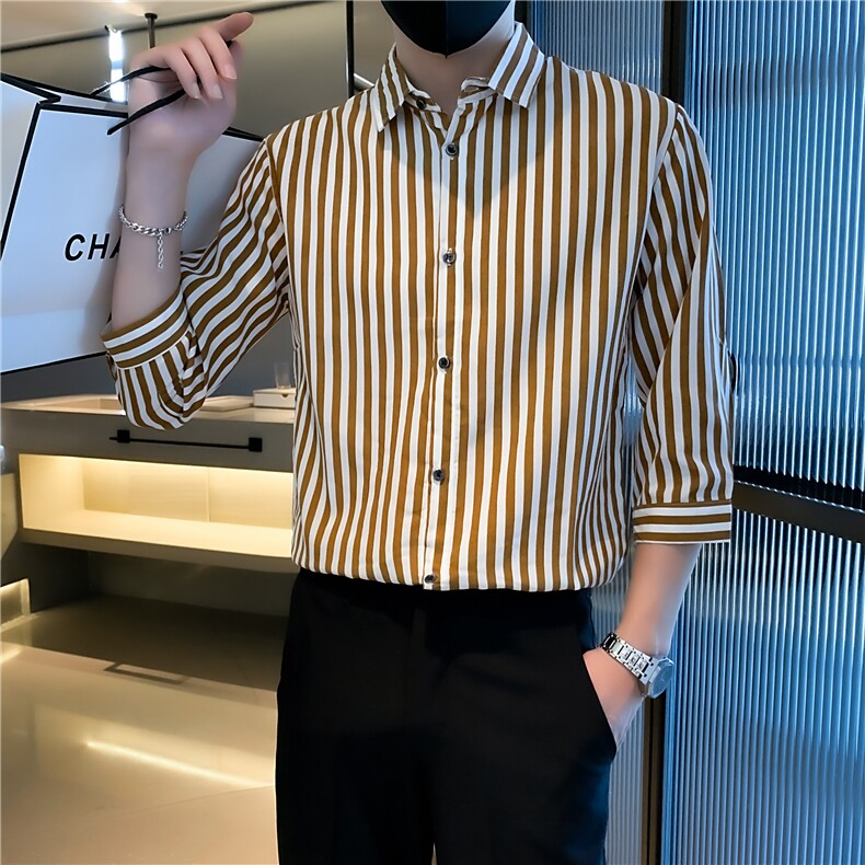 条纹七分袖衬衣新品轻熟风男装韩版修身高级感衬衫男士C156-6-7,男装衬衫,星座1116A-2（原606A-1）