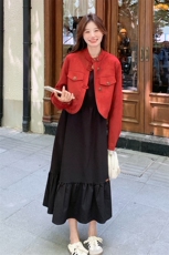现货-红色短款麂皮绒上衣黑色吊带连衣裙套装2025新款小个子长裙，女装套装/套裙，浙宝203