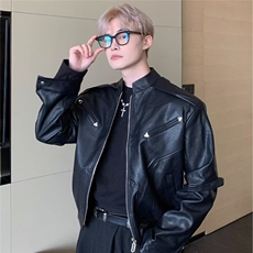 皮夹克外套男秋冬美式复古高街重磅PU皮衣短款痞帅机车服，男装夹克，星座410-7