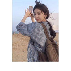 TC767-P45章若楠同款蓝色格子衬衫上衣女夏季薄款慵懒风休闲宽松，女装衬衫，星座617A-2