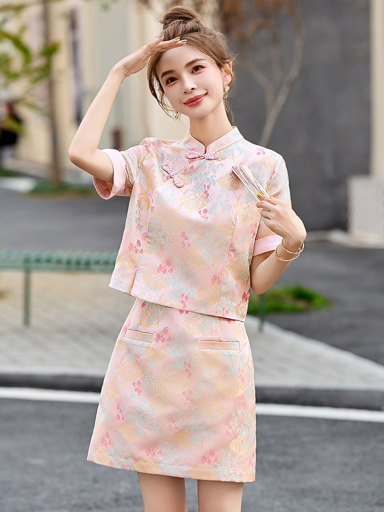 夏季新款复古新中式重工刺绣套装显高通勤百搭上衣裙子两件套,女装套装/套裙,众宇琦