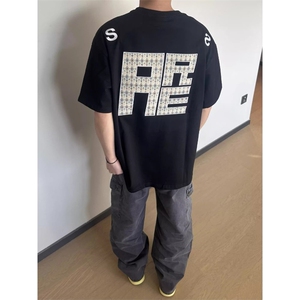 美式复古男款贴布刺绣体恤衫重磅全棉情侣宽松落肩oversize五分袖图片