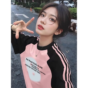 夏季美式高街重磅纯棉三条杠织带插肩撞色男女短袖T恤CZ177-特P25图片