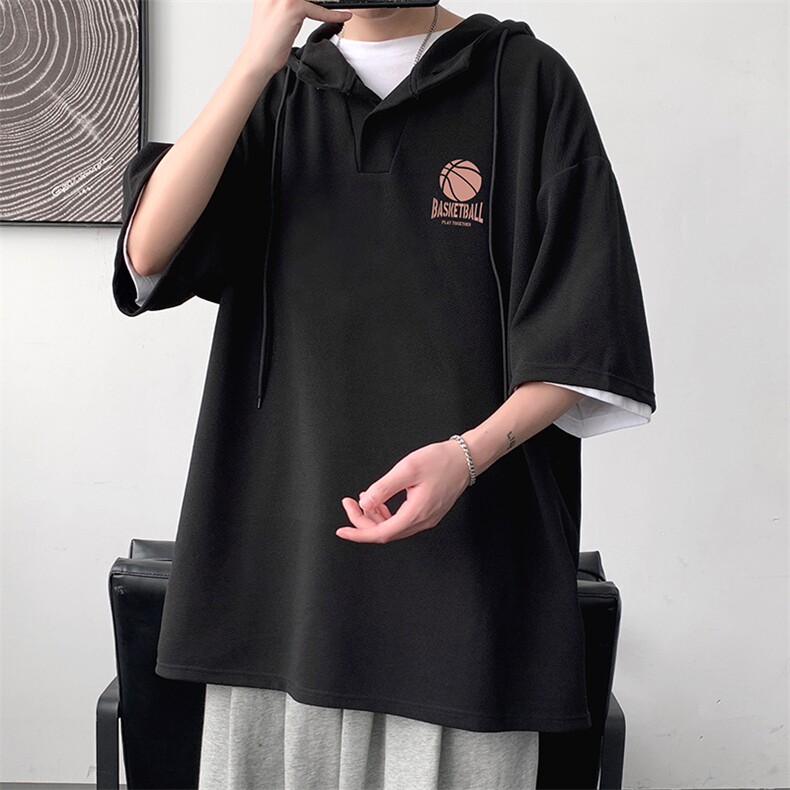 LD54237-P45连帽短袖t恤男大码胖子带帽五分袖中袖大皂风，男装T恤，电商A040