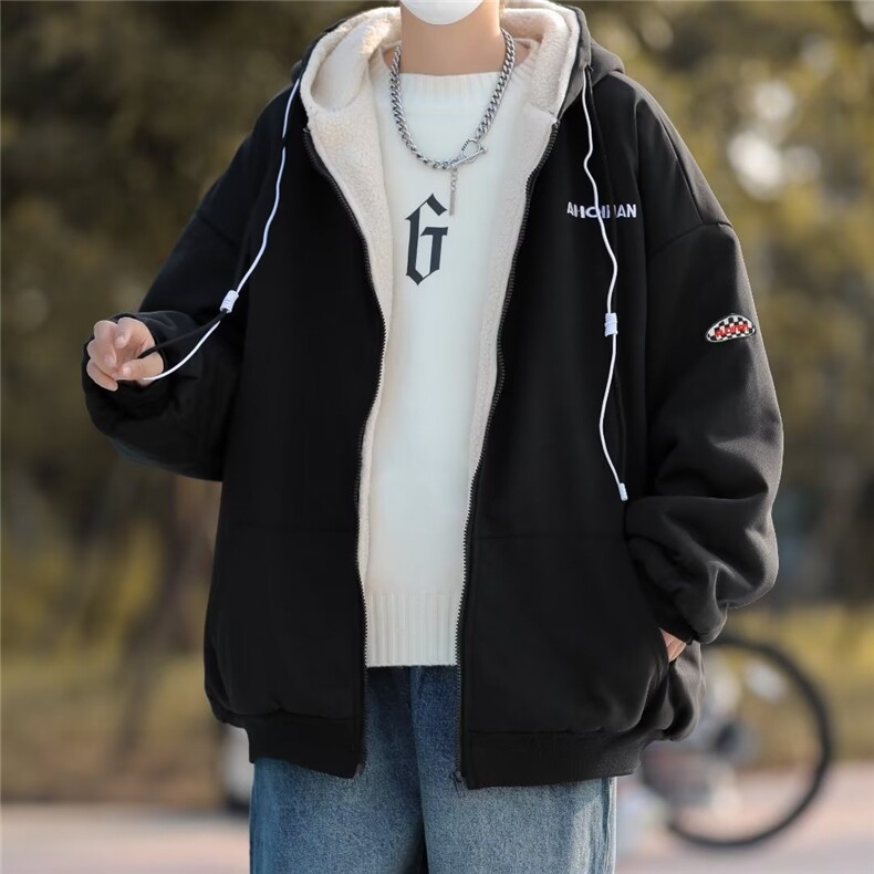 复古保暖开衫羊羔绒棉衣男女冬季加厚棉服港风宽松连帽外套JF906,男装夹克,星座1116A-1（原606A）