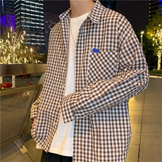 格子衬衫男长袖宽松港风原宿新款衬衣韩版ins百搭上衣W1091-P33，男装衬衫，星座512-2